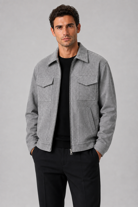 Men's Suede Utility Jacket | Loose Fit | Zip Front | Smart Casual Outerwear | Steven & Levon