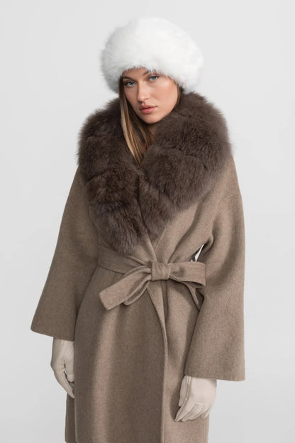 Women's Wool Wrap Coat | Fox Fur Collar | Tie Belt | Khaki Winter Coat | Luxury | Steven & Levon