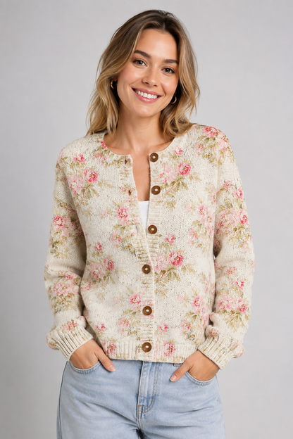 Flower Art Knit Cardigan | Women | Button Front | Soft Knit | Artistic Floral Design | Steven & Levon