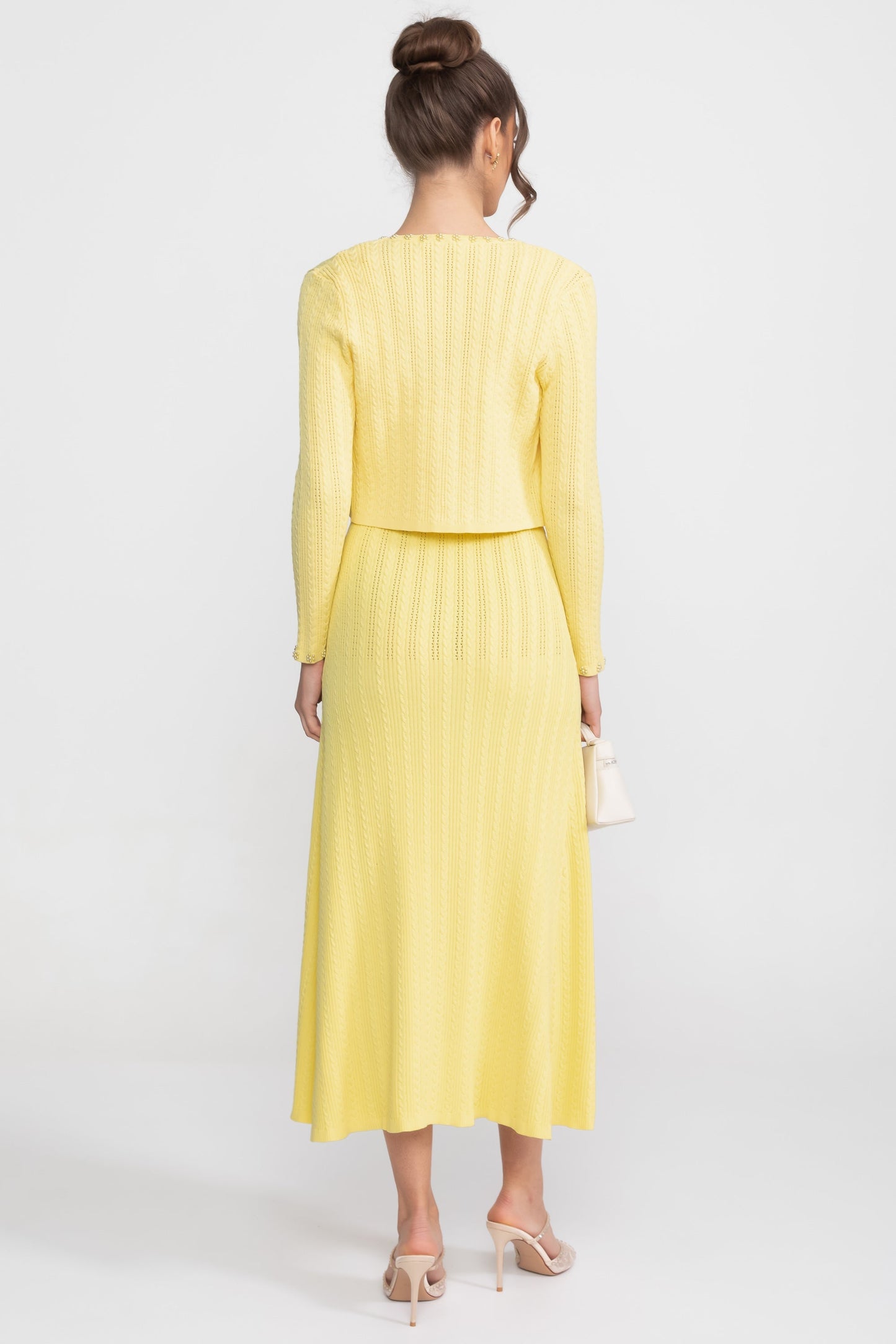 Ribbed Knit Dress & Cardigan Set | Women | Pearl Buttons | Yellow | Steven & Levon