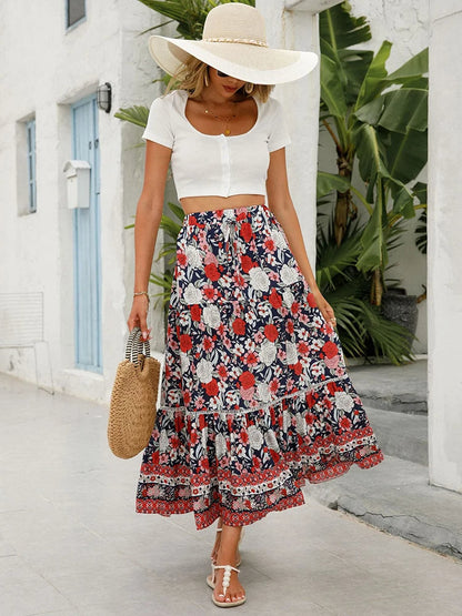 Elegant Floral Maxi Skirt | Women | Elastic Waist | Flowy A-Line | Boho Everyday Skirt | Steven & Levon