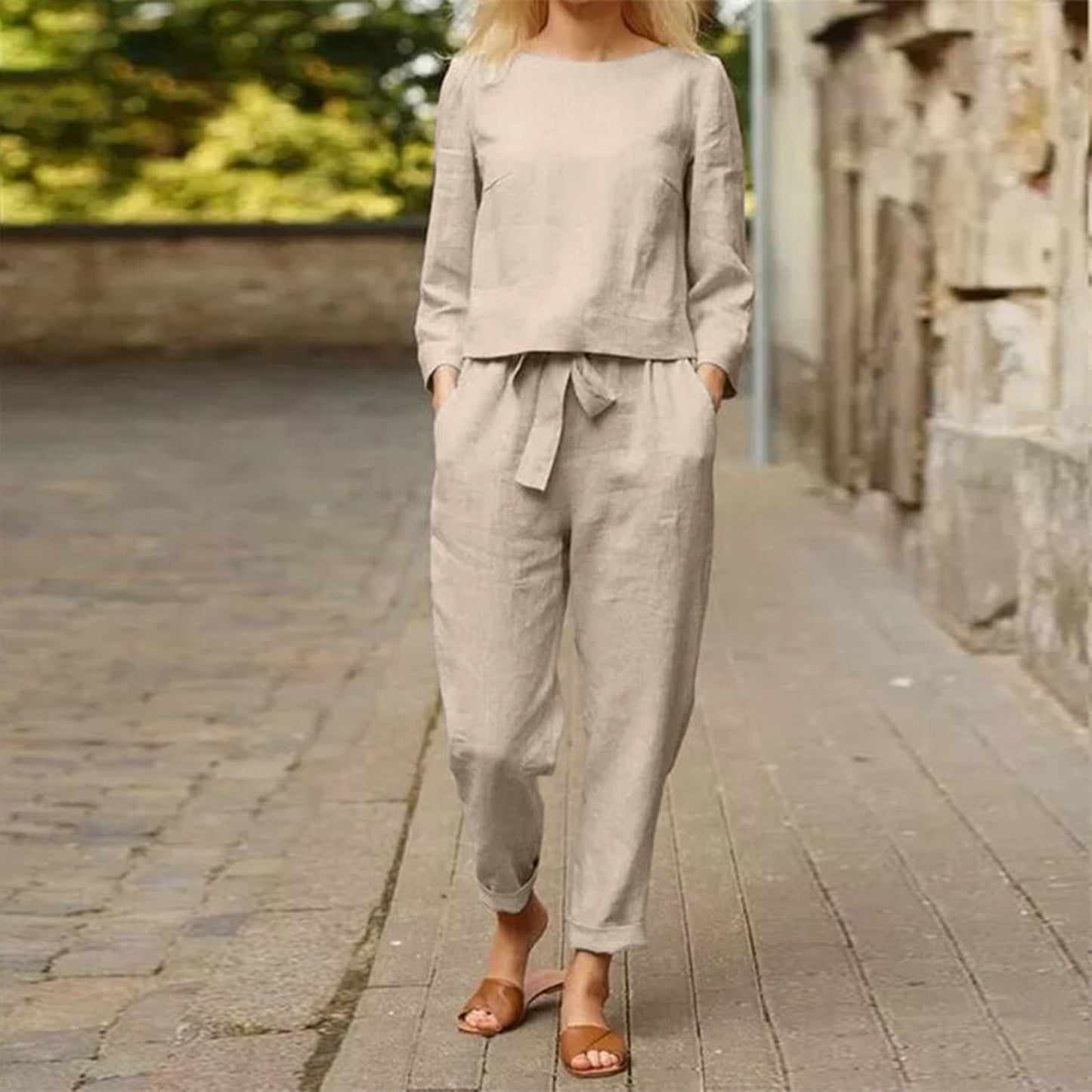 Women's Linen 2-Piece Set | Long Sleeve Top & Wide-Leg Trousers | Relaxed Fit | Steven & Levon