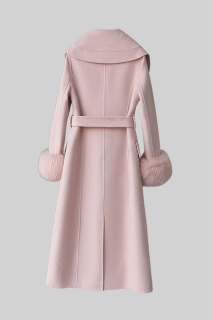 Cashmere Overcoat | Women's Wool & Cashmere Coat | Fox Fur Cuffs, 3D Floral Detail, Belted Midi Coat | Steven & Levon