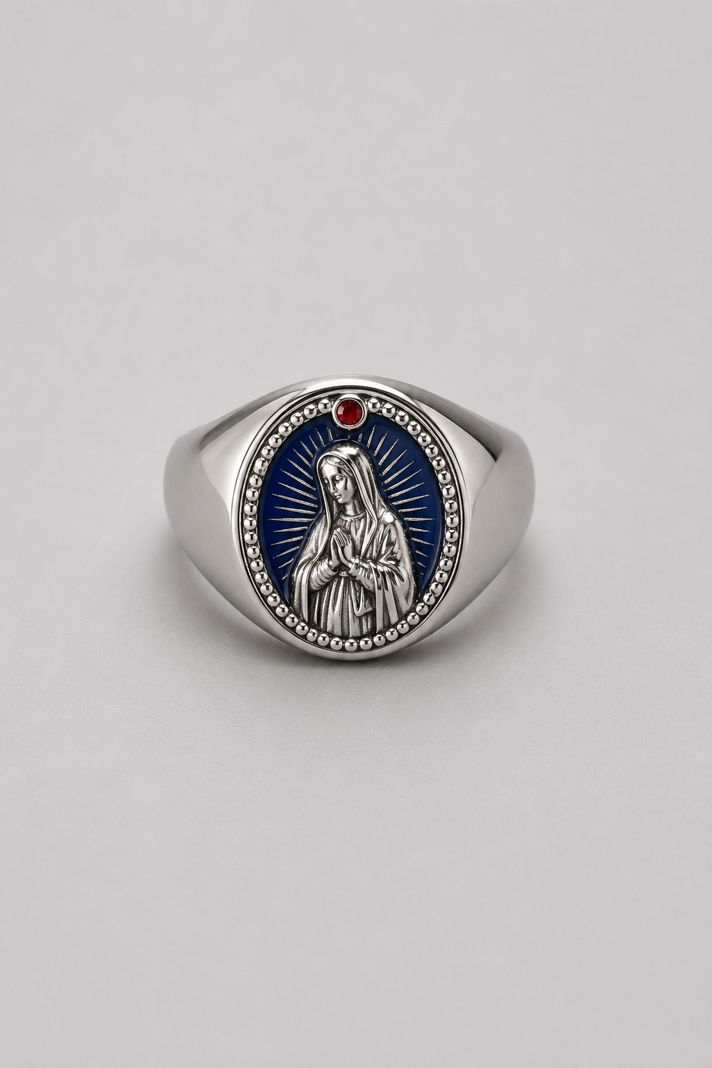 Virgin Mary Ring | Gold or Silver | Unisex | Stainless Steel | Blue Enamel | Signet | Steven & Levon