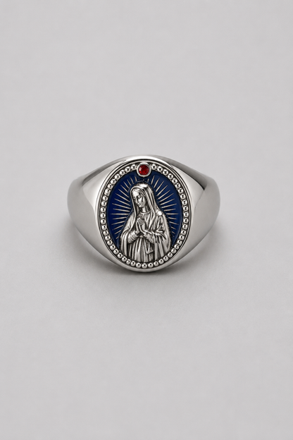 Virgin Mary Ring | Gold or Silver | Unisex | Stainless Steel | Blue Enamel | Signet | Steven & Levon