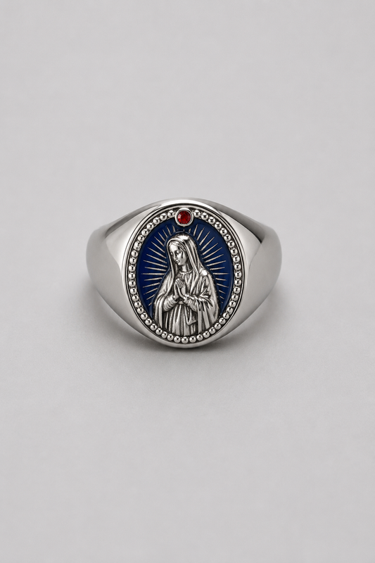Virgin Mary Ring | Gold or Silver | Unisex | Stainless Steel | Blue Enamel | Signet | Steven & Levon