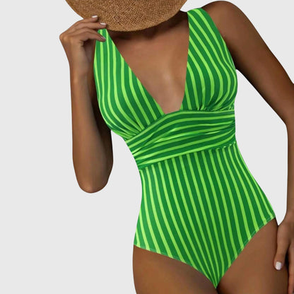 Striped One-Piece Swimsuit | Women | Nylon & Spandex Blend | V-Neck Stretch Fit Swimwear | Steven & Levon