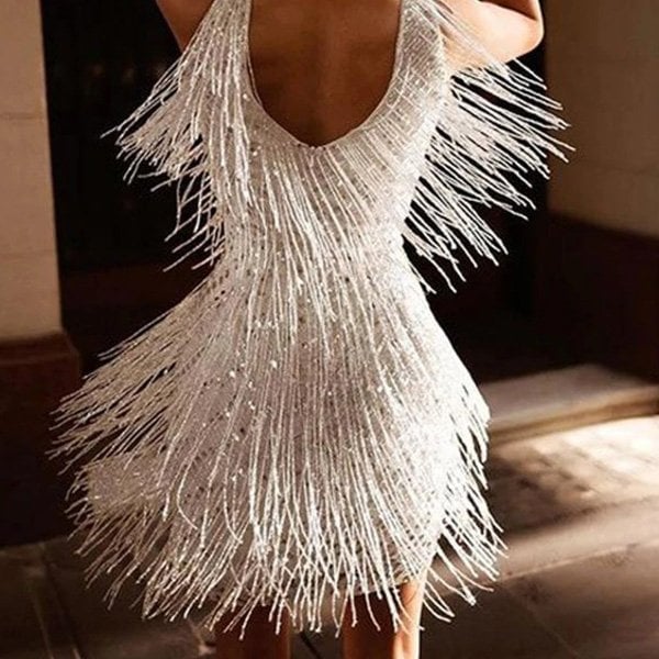Party Mini Dress | Women’s Fringe Detail V Neck Mini Dress | Party Evening Wear | Steven & Levon