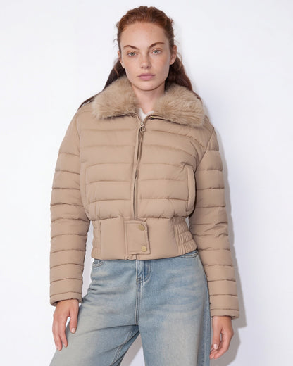 Cropped Puffer Jacket | Women | Faux Fur Collar | Warm Quilted Winter Coat | Steven & Levon