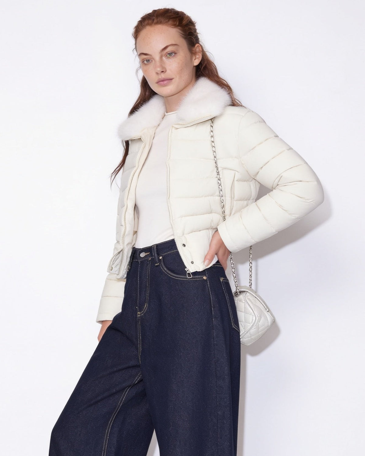 Cropped Puffer Jacket | Women | Faux Fur Collar | Warm Quilted Winter Coat | Steven & Levon
