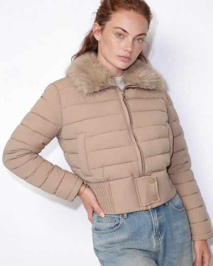 Cropped Puffer Jacket | Women | Faux Fur Collar | Warm Quilted Winter Coat | Steven & Levon