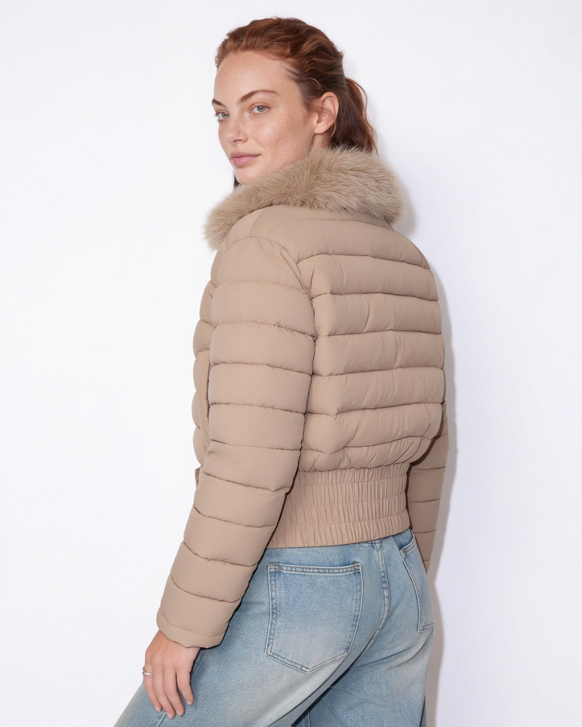Cropped Puffer Jacket | Women | Faux Fur Collar | Warm Quilted Winter Coat | Steven & Levon