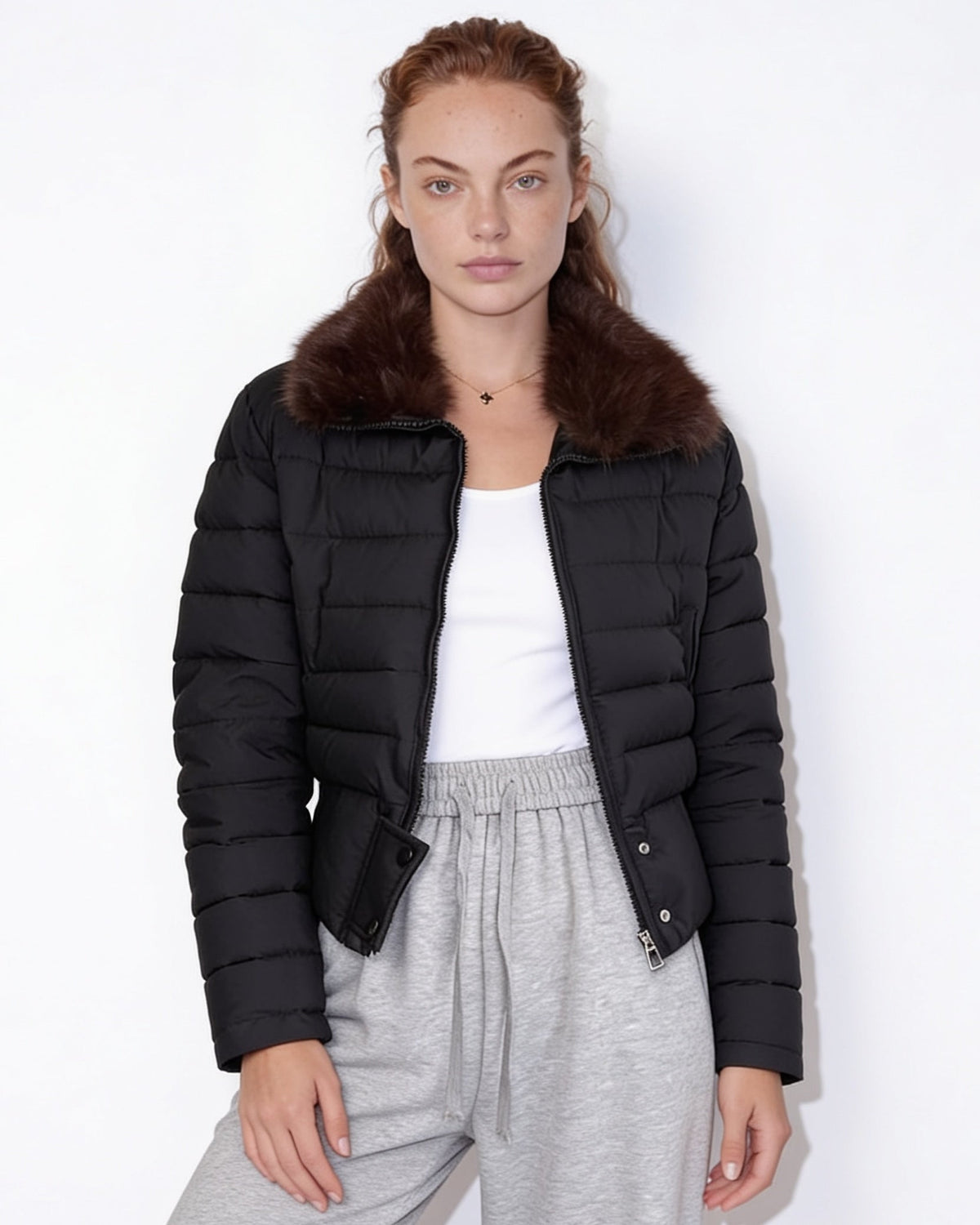 Cropped Puffer Jacket | Women | Faux Fur Collar | Warm Quilted Winter Coat | Steven & Levon