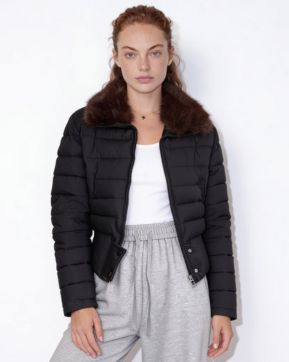 Cropped Puffer Jacket | Women | Faux Fur Collar | Warm Quilted Winter Coat | Steven & Levon