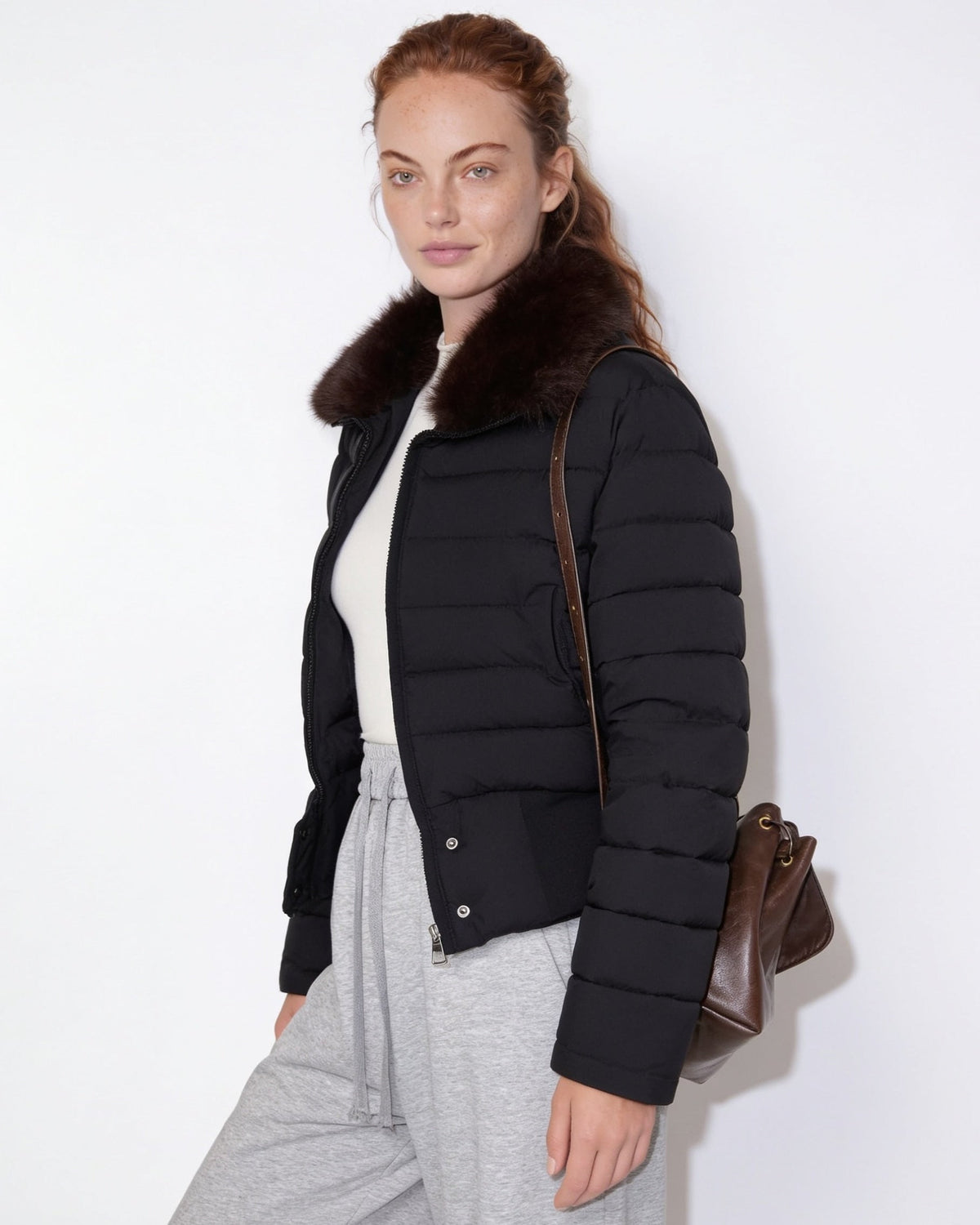 Cropped Puffer Jacket | Women | Faux Fur Collar | Warm Quilted Winter Coat | Steven & Levon