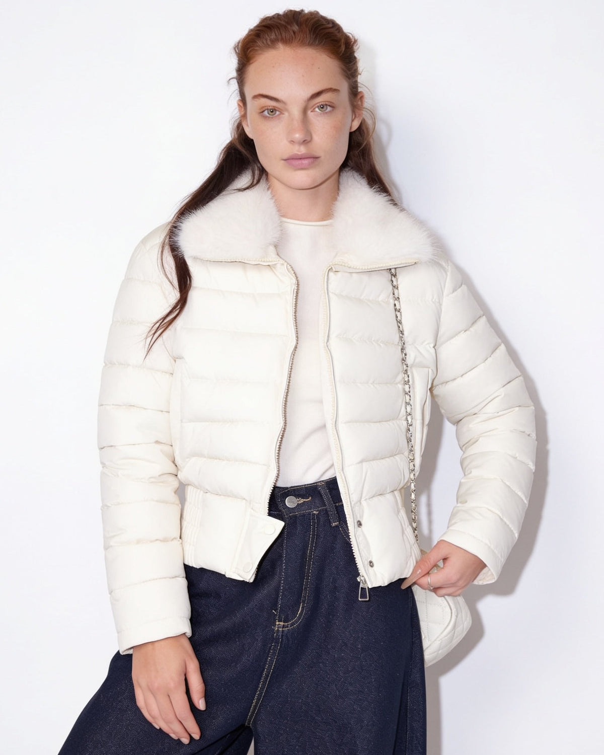 Cropped Puffer Jacket | Women | Faux Fur Collar | Warm Quilted Winter Coat | Steven & Levon