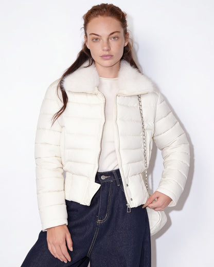 Cropped Puffer Jacket | Women | Faux Fur Collar | Warm Quilted Winter Coat | Steven & Levon