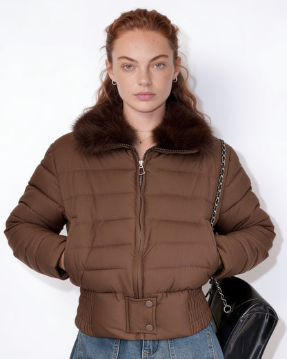 Cropped Puffer Jacket | Women | Faux Fur Collar | Warm Quilted Winter Coat | Steven & Levon