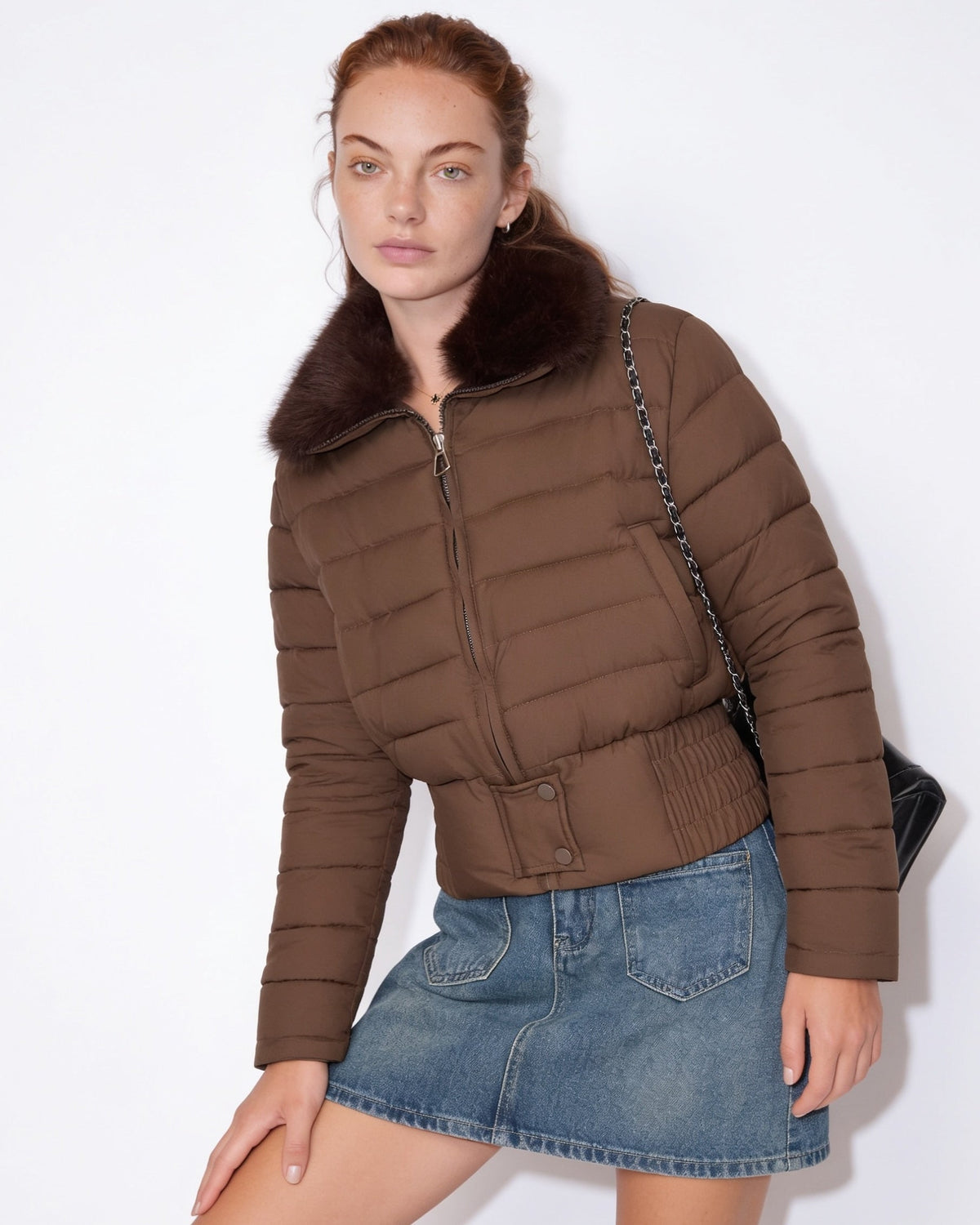 Cropped Puffer Jacket | Women | Faux Fur Collar | Warm Quilted Winter Coat | Steven & Levon