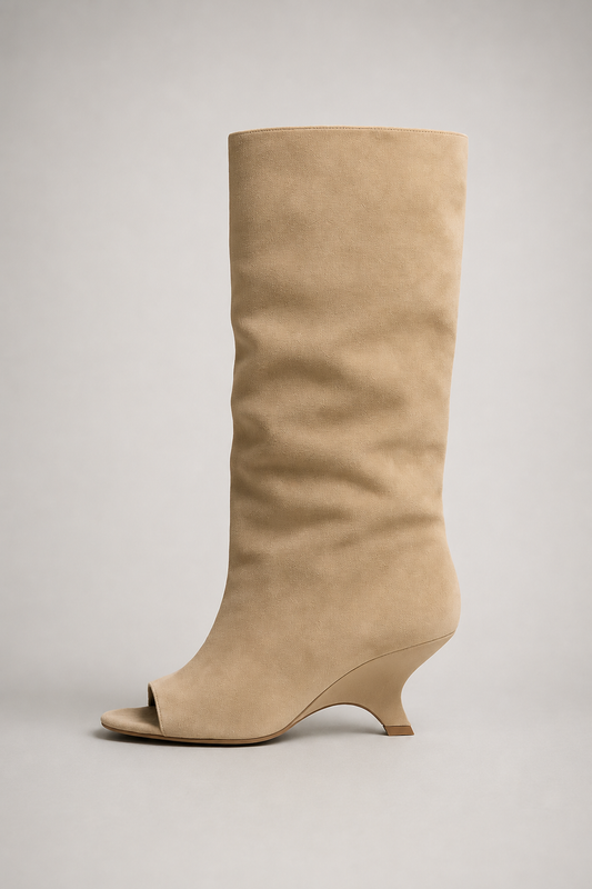 Knee High Peep Toe Wedge Heel Boots for Women | Sculpted Heel | Slouch Style | Steven & Levon