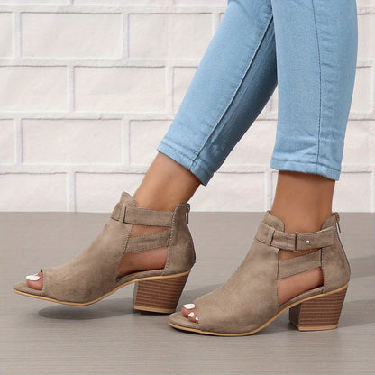 Elegant Peep-Toe Block Heel Sandals | Buckle Ankle Strap & Cut-Out Design | Steven & Levon