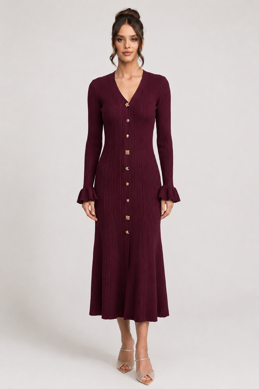 V Neck Ribbed Knit Maxi Dress | Women | Button Front | Ruffle Cuffs | Burgundy | Steven & Levon