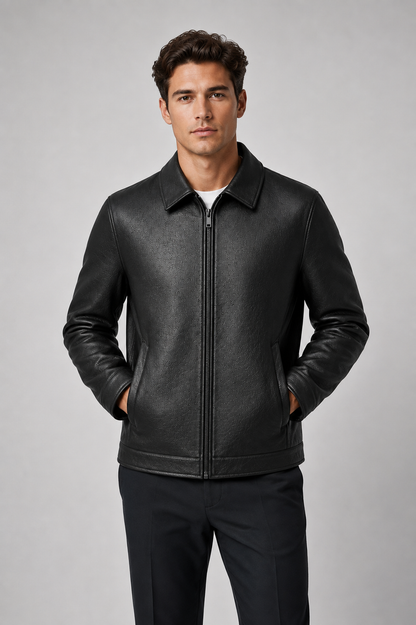 Men's PU Leather Jacket | Classic Collar | Zip Front | Lightweight | Smart Casual Outerwear | Steven & Levon