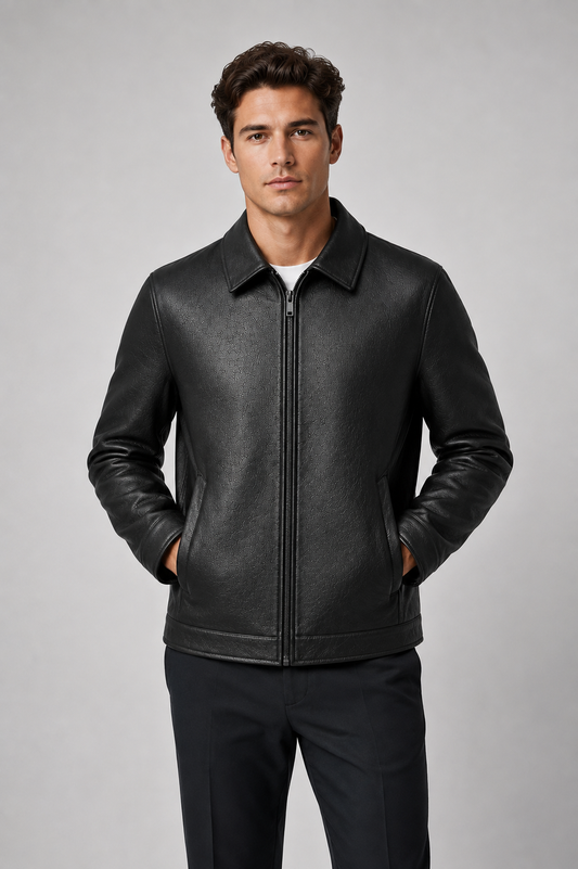Men's PU Leather Jacket | Classic Collar | Zip Front | Lightweight | Smart Casual Outerwear | Steven & Levon