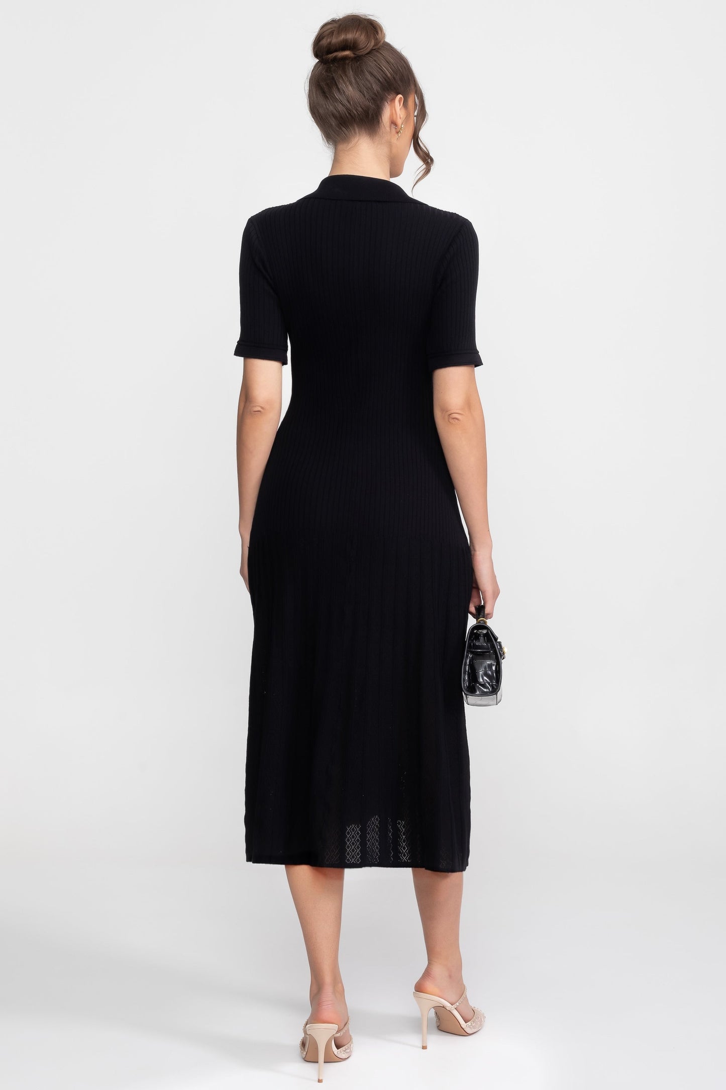 Ribbed Knit Midi Dress | Women | Peter Pan Collar | Pleated Skirt | Black | Steven & Levon