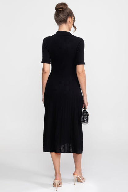 Ribbed Knit Midi Dress | Women | Peter Pan Collar | Pleated Skirt | Black | Steven & Levon