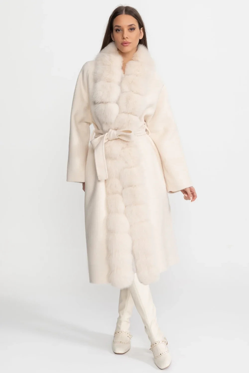 Women's Wool Blend Long Coat | Plush Fur Front | Ivory Winter Coat | Elegant | Steven & Levon