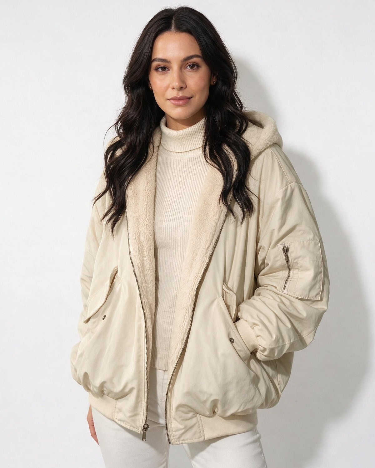 Oversized Bomber Jacket | Women | Sherpa Lined Hood | Cozy Winter Coat | Steven & Levon