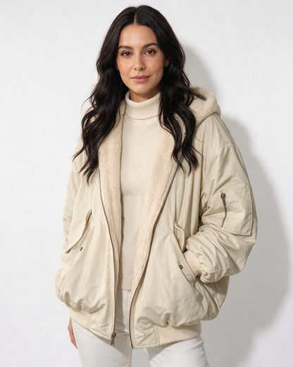 Oversized Bomber Jacket | Women | Sherpa Lined Hood | Cozy Winter Coat | Steven & Levon