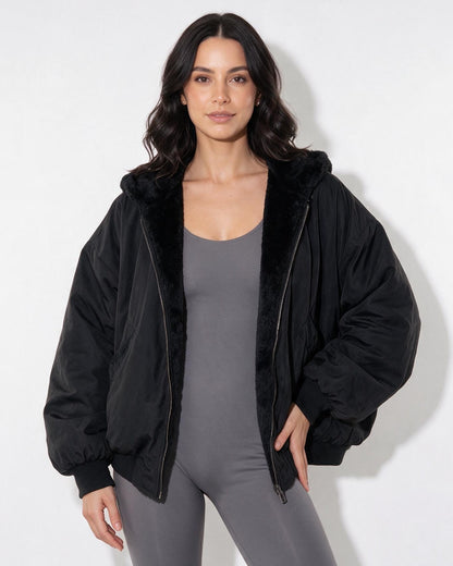 Oversized Bomber Jacket | Women | Sherpa Lined Hood | Cozy Winter Coat | Steven & Levon