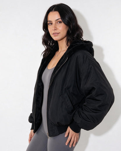 Oversized Bomber Jacket | Women | Sherpa Lined Hood | Cozy Winter Coat | Steven & Levon