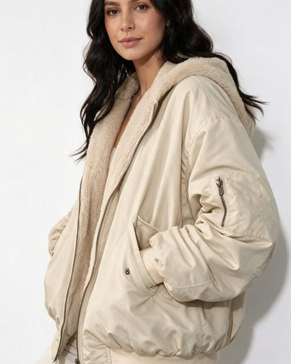 Oversized Bomber Jacket | Women | Sherpa Lined Hood | Cozy Winter Coat | Steven & Levon