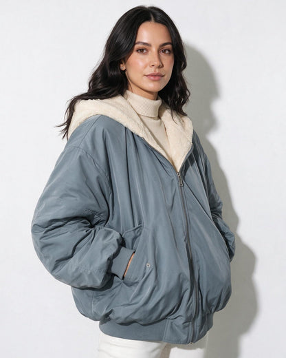 Oversized Bomber Jacket | Women | Sherpa Lined Hood | Cozy Winter Coat | Steven & Levon