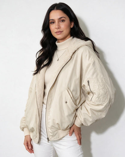 Oversized Bomber Jacket | Women | Sherpa Lined Hood | Cozy Winter Coat | Steven & Levon