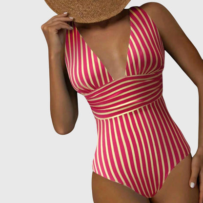Striped One-Piece Swimsuit | Women | Nylon & Spandex Blend | V-Neck Stretch Fit Swimwear | Steven & Levon