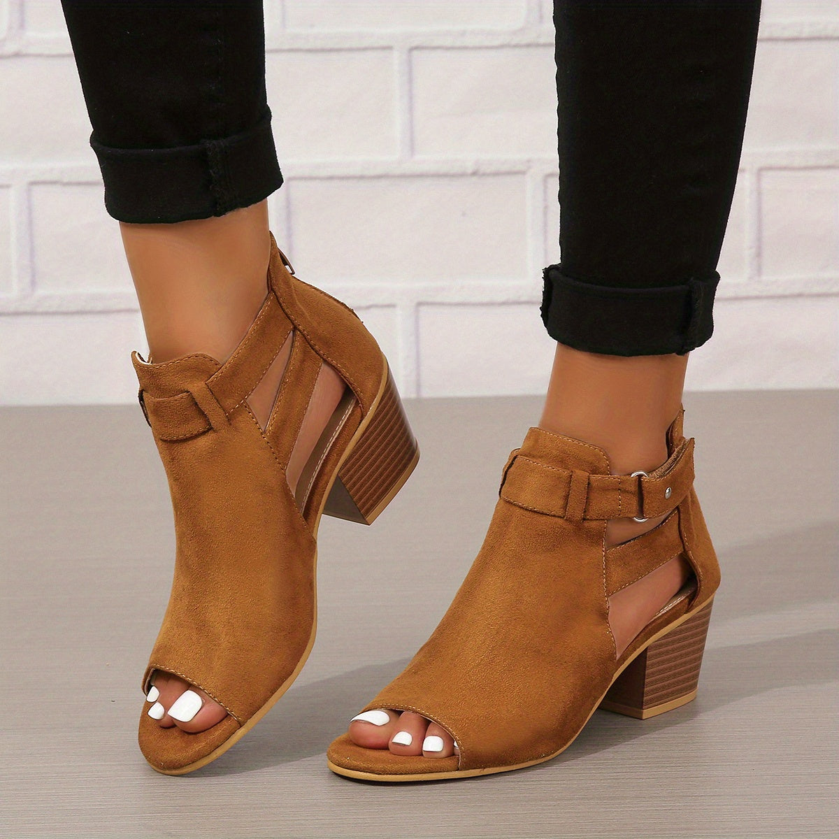 Elegant Peep-Toe Block Heel Sandals | Buckle Ankle Strap & Cut-Out Design | Steven & Levon