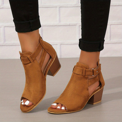 Elegant Peep-Toe Block Heel Sandals | Buckle Ankle Strap & Cut-Out Design | Steven & Levon