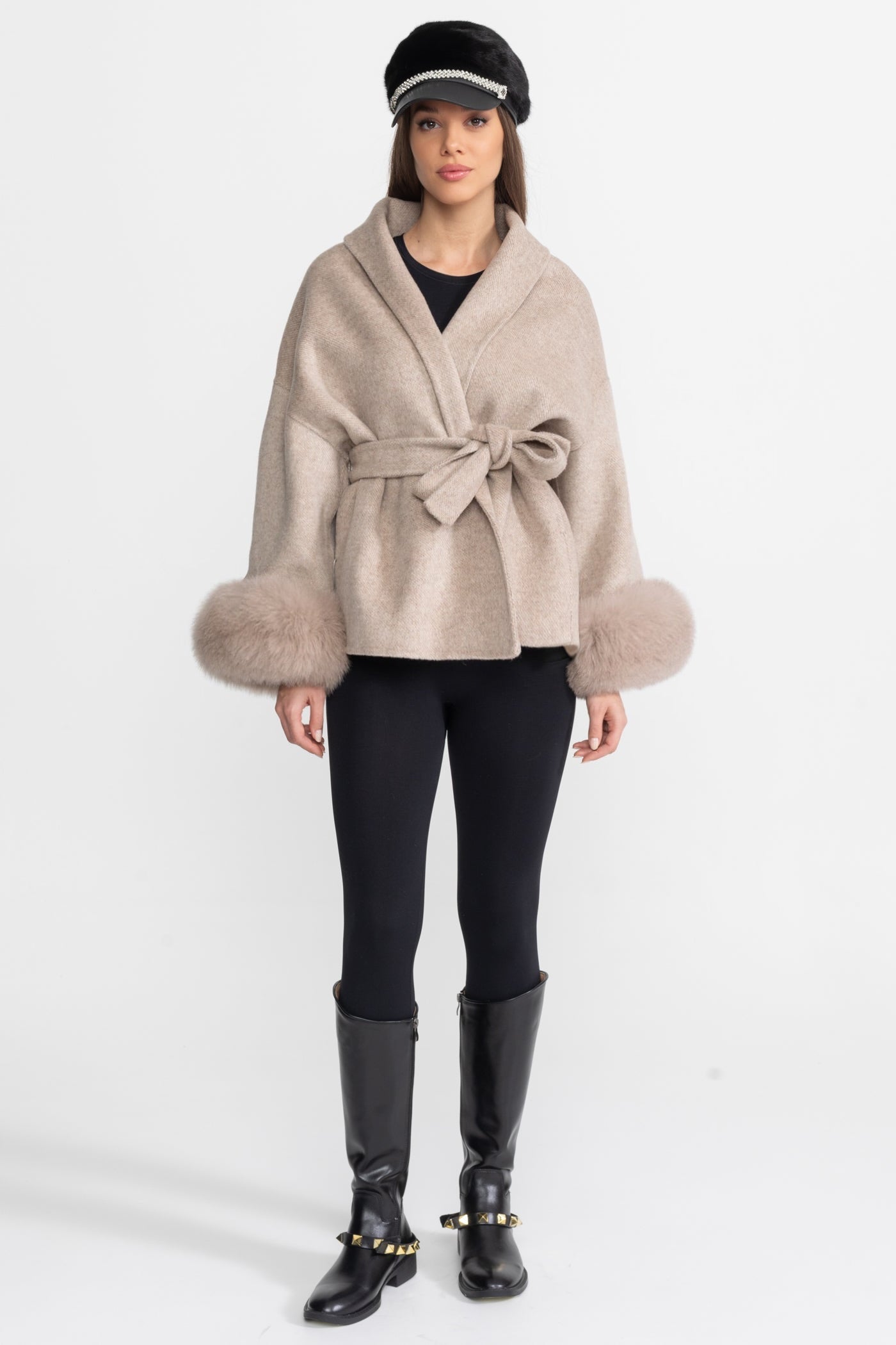 Women's Wool Blend Wrap Jacket | Fox Fur Cuffs | Belted Beige Coat | Steven & Levon