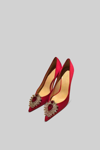 Satin Stiletto Heels | Women | Diamond Detail | Pointed Toe | Red | Evening Dress Shoes | Steven & Levon