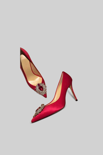 Satin Stiletto Heels | Women | Diamond Detail | Pointed Toe | Red | Evening Dress Shoes | Steven & Levon