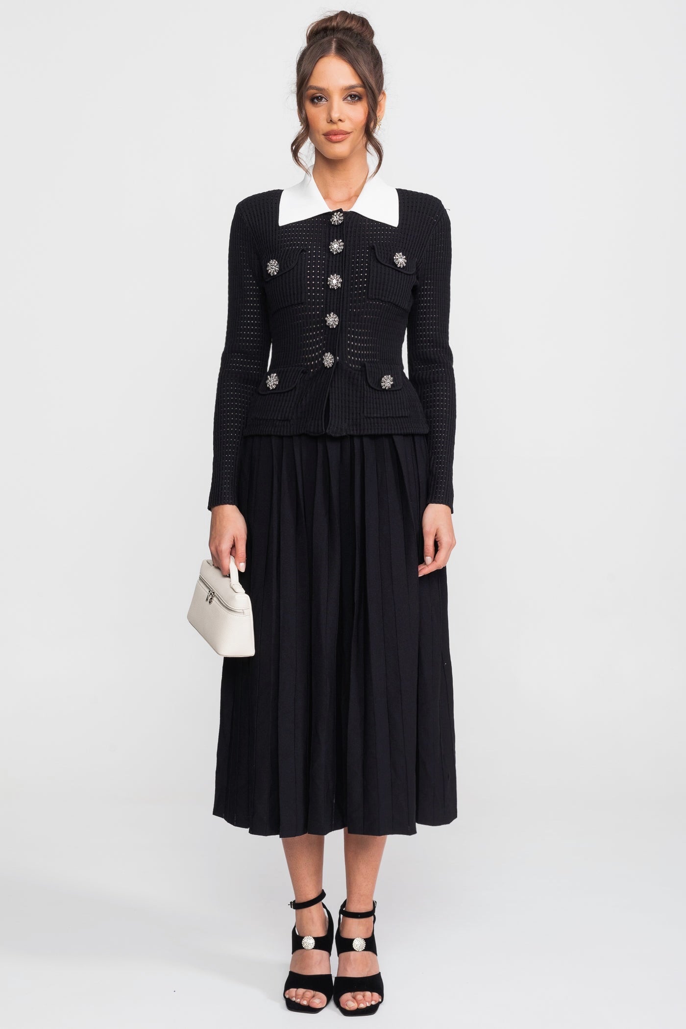 Open Knit Cardigan & Pleated Midi Skirt Co-Ord Set | Women | Black | Steven & Levon