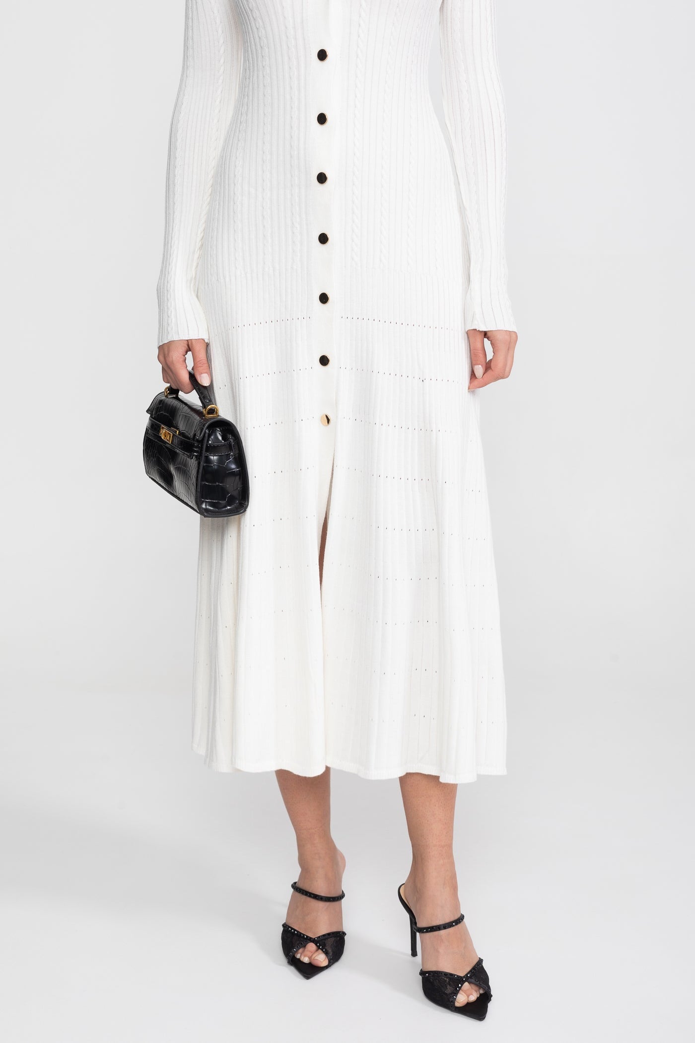 Long Sleeve Knit Midi Dress | Women | Polo Collar | Monogram Patch | White | Steven & Levon
