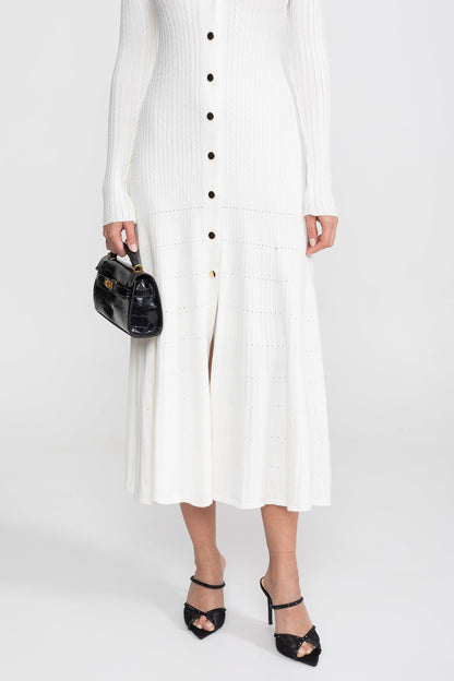 Long Sleeve Knit Midi Dress | Women | Polo Collar | Monogram Patch | White | Steven & Levon
