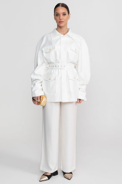 Women's Belted Trench Jacket | Polyester | Oversized Patch Pockets, Utility Style White Outerwear | Steven & Levon