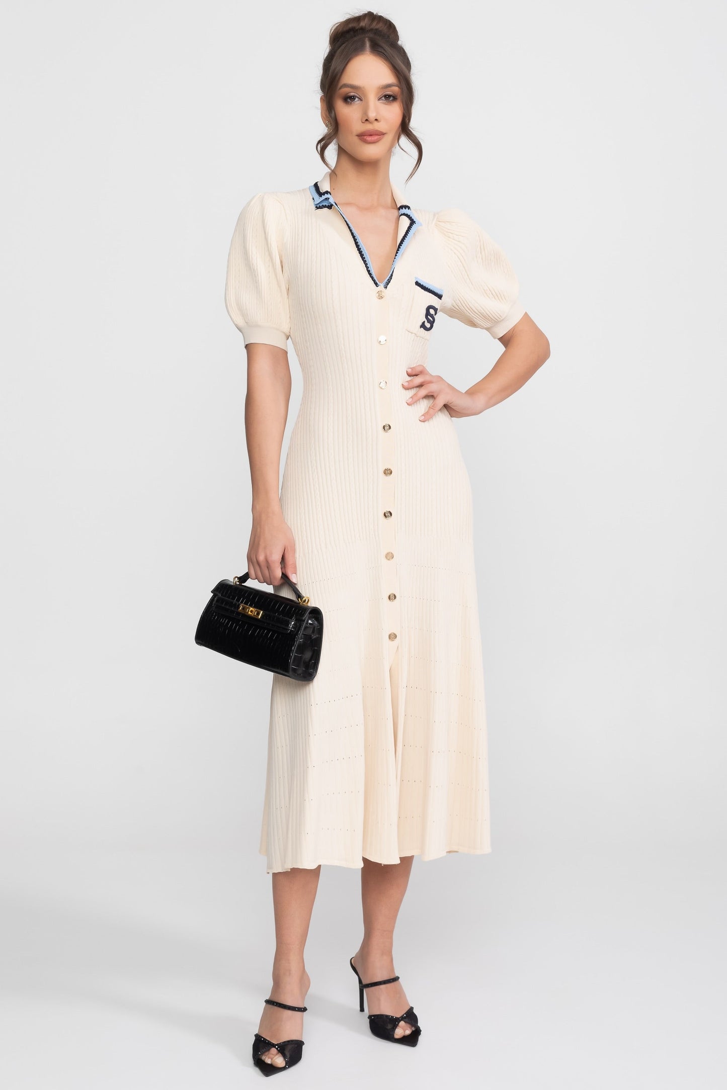 Polo Collar Knit Midi Dress | Women | Short Sleeve | Cream | Steven & Levon
