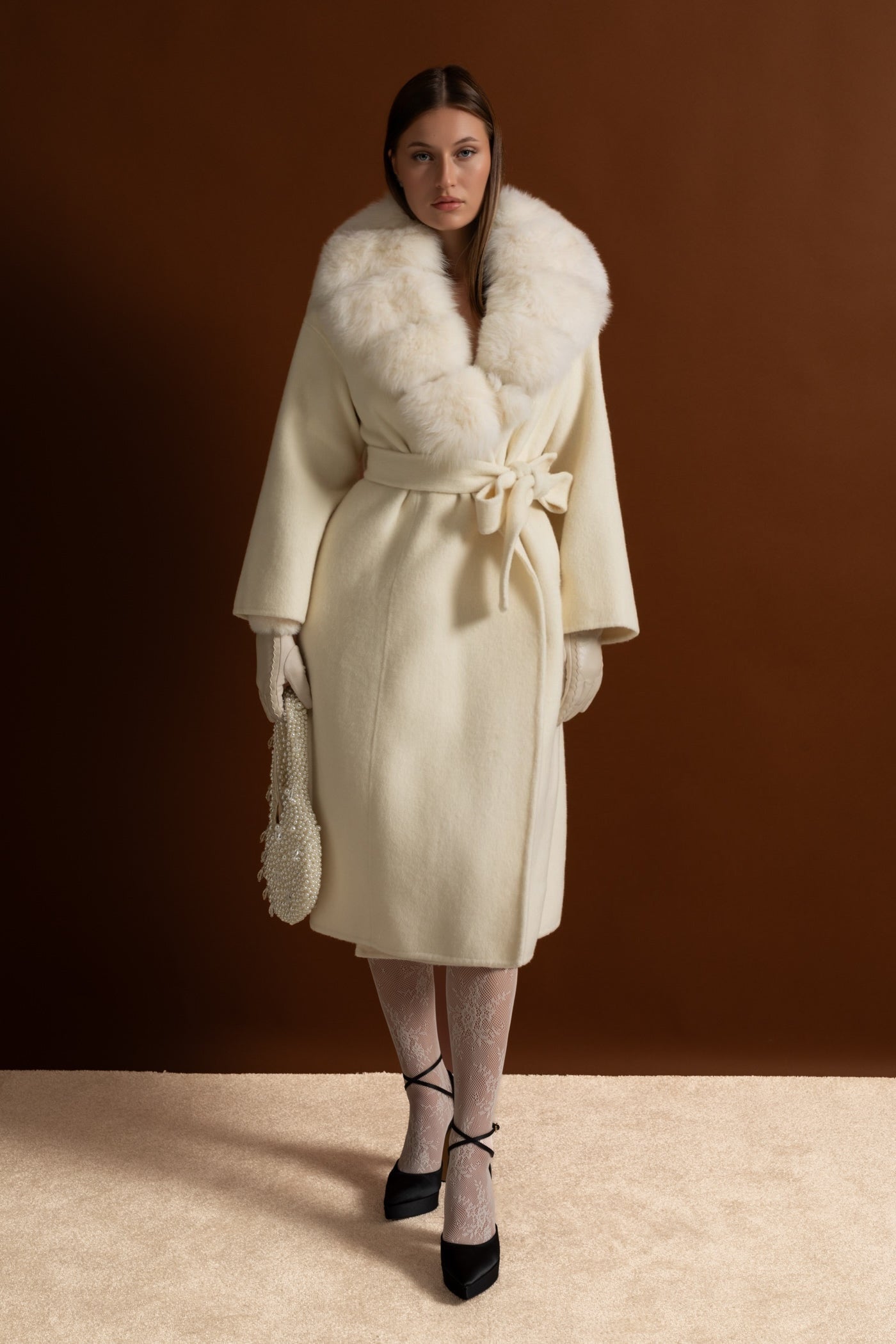 Women's Wool Wrap Coat | Fox Fur Collar | Tie Belt | Ivory Winter Coat | Steven & Levon
